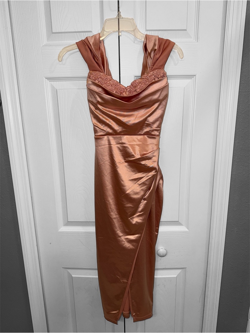New Windsor Satin Rose Gold Cowl Neck Dress